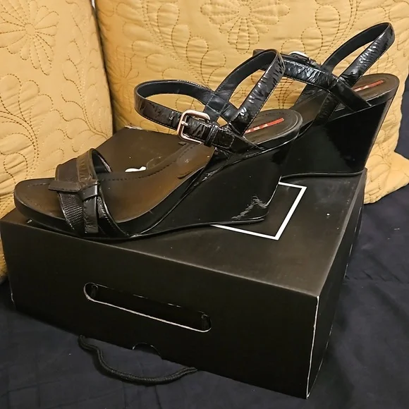 Prada Patten Leather Slingback Wedge Sandals - Picture 3 of 12